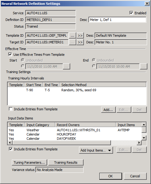 Neural Network Definition Settings